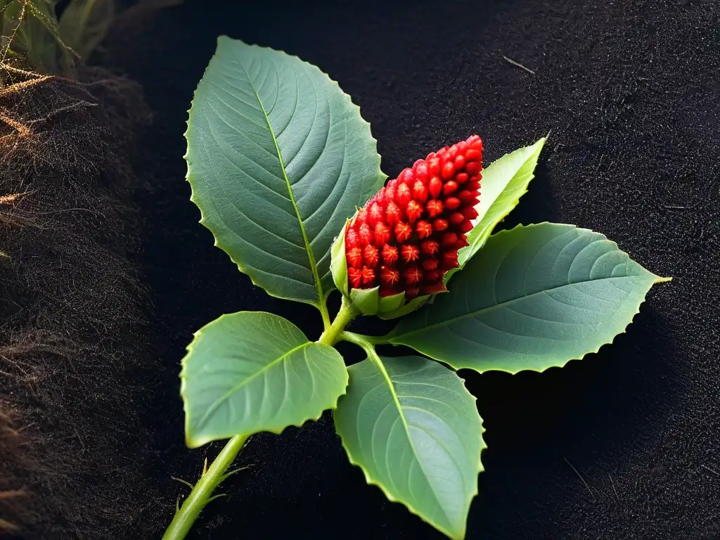 Colorante natural Achiote para pasteles: Detalle vibrante y detallado de una planta de achiote con semillas rojas intensas