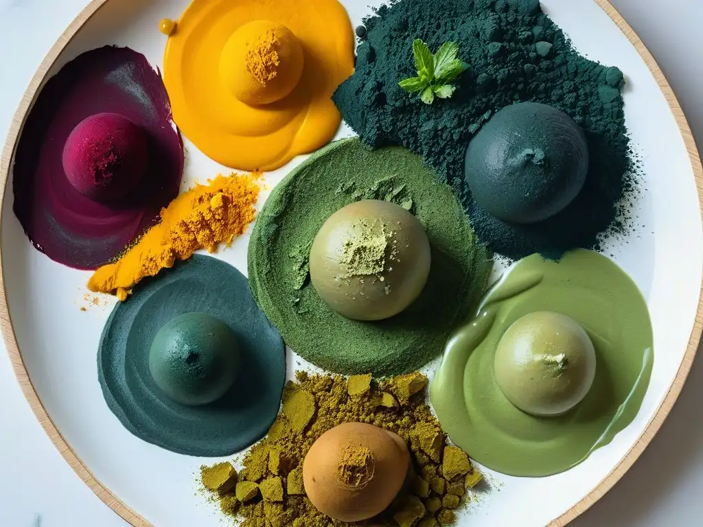 Colores naturales en repostería sin aditivos: Arreglo vibrante de ingredientes naturales para colorear, como remolacha, cúrcuma y espirulina azul