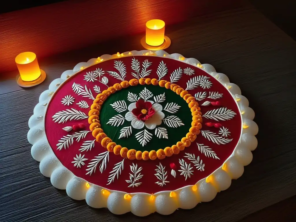 Una colorida obra de arte con patrón rangoli iluminada por velas en la oscuridad, perfecta para decorar en Diwali