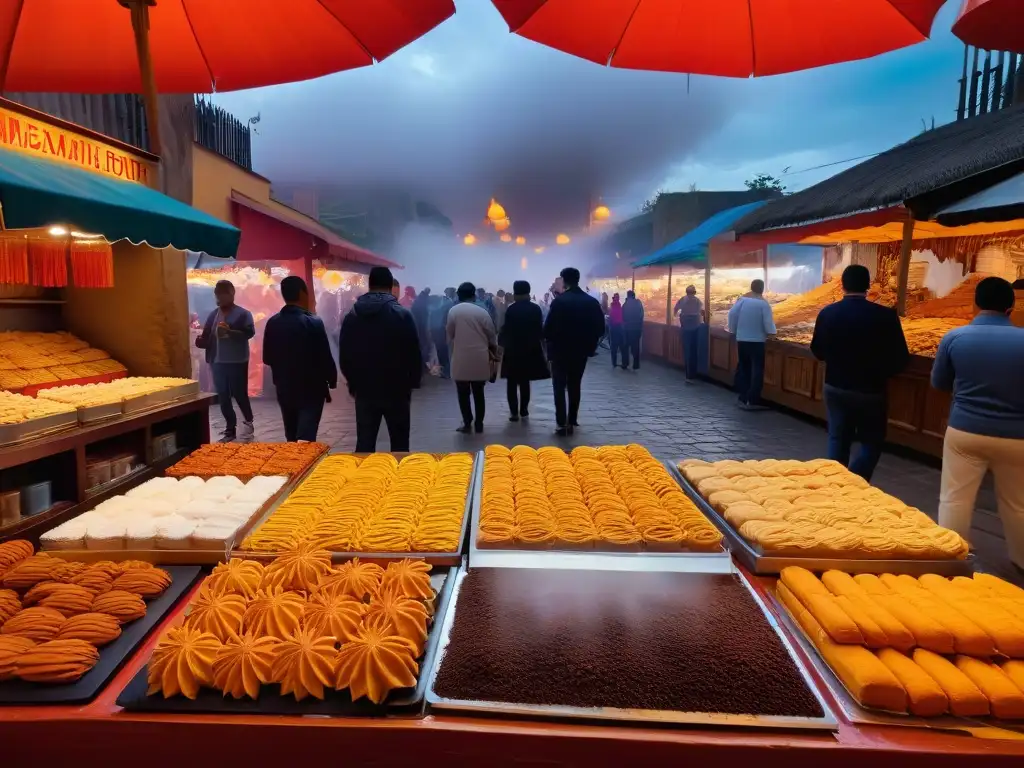 Una colorida y vibrante escena de repostería mexicana: churros y paletas en un mercado tradicional