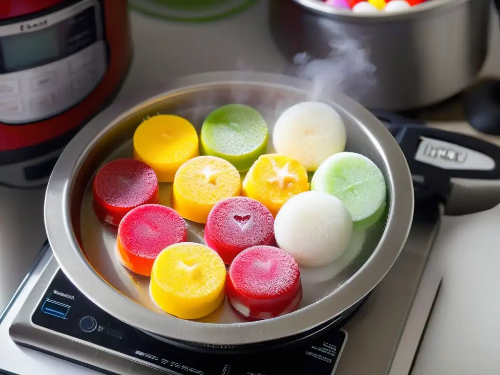 Coloridos dulces tradicionales preparados con innovación en una olla a presión, destacando la fusión de tradición y modernidad en la cocina de postres