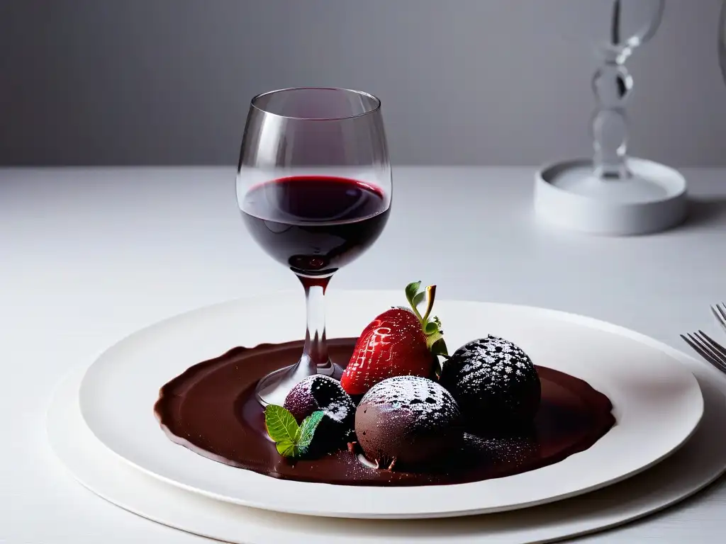 Maridaje celestial: vino tinto y postre de chocolate Una combinación celestial: copa de vino tinto y postre de chocolate en una mesa elegante y minimalista