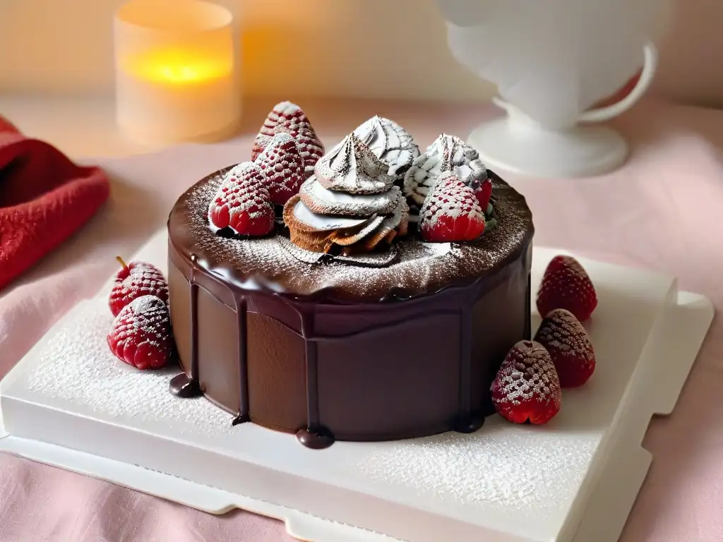 Maridaje celestial: vino y postre en ambiente cálido Una combinación celestial: copa de vino y postre decadente bajo luz de velas