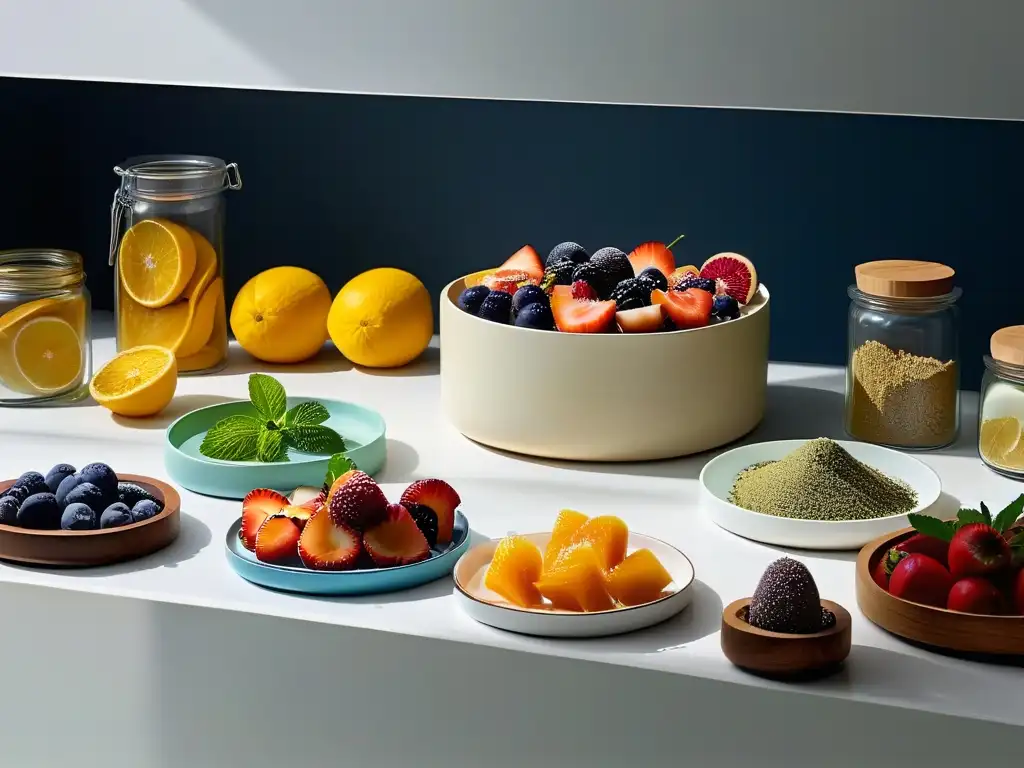 Combinaciones de sabores en repostería: Cocina moderna con ingredientes exóticos y coloridos en elegante mostrador