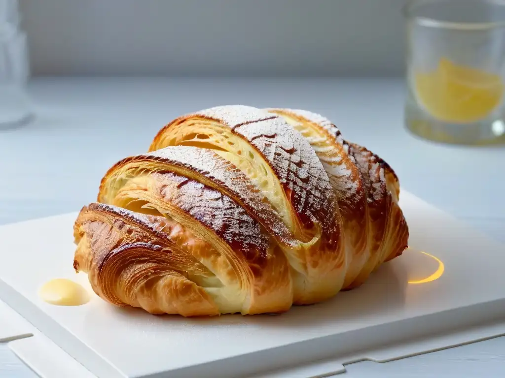 Comparativa grasas repostería sabor: Detalle de un croissant dorado recién horneado con vapor saliendo de sus capas mantecosas