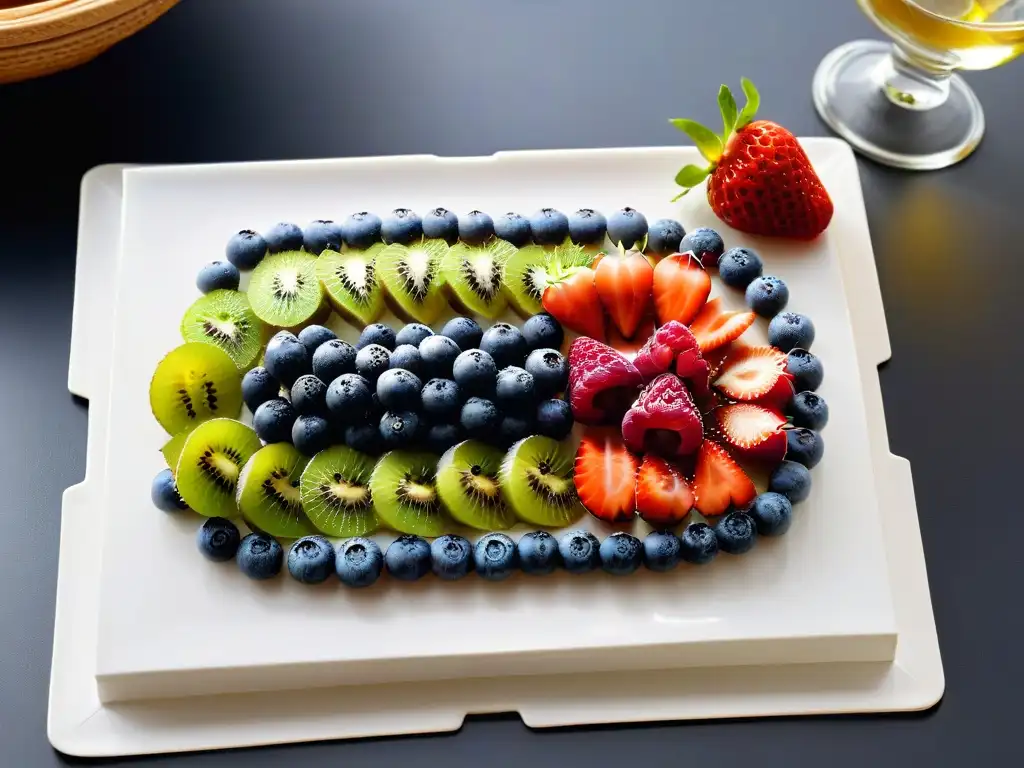 Deliciosa armonía frutal en plato blanco Una composición armoniosa de frutas frescas y vibrantes en una elegante presentación para tartas