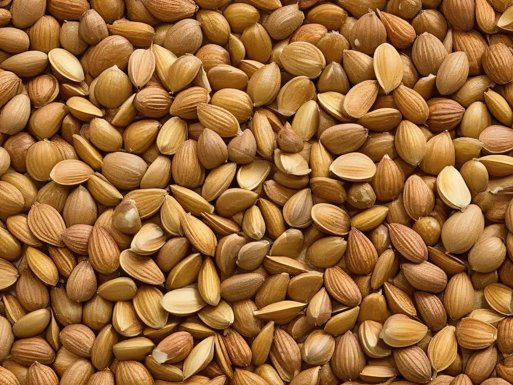 Una composición detallada de frutos secos y semillas en repostería, destacando su diversidad y belleza natural en un fondo blanco