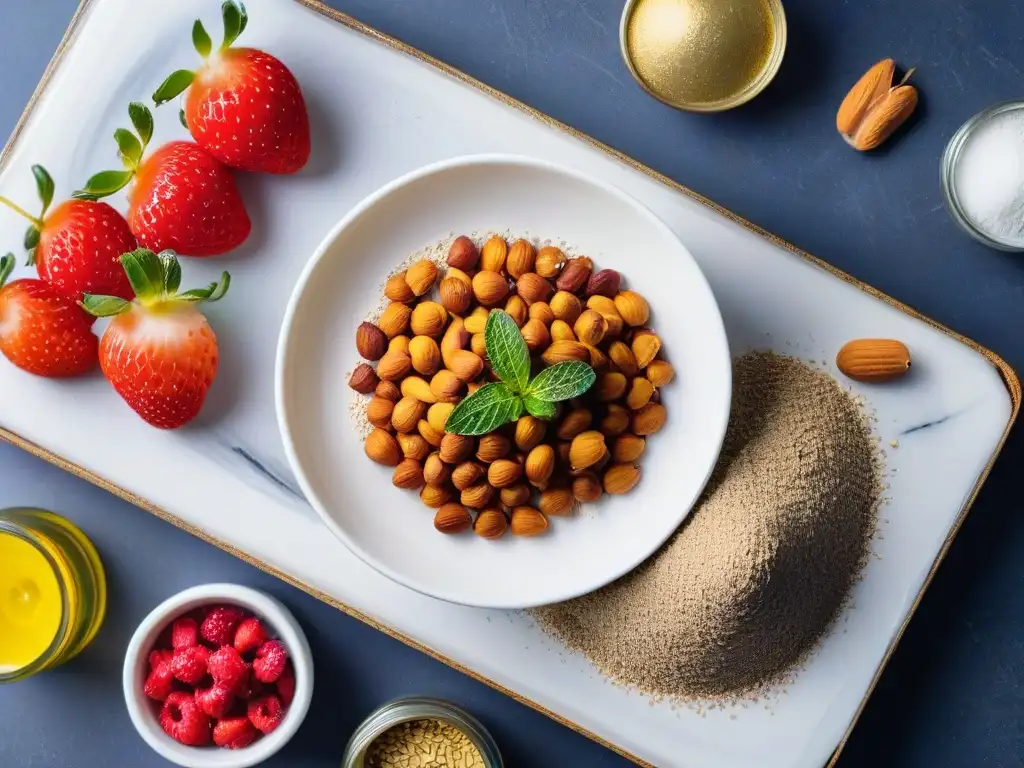 Ingredientes veganos keto para hornear: elegancia y sabor Una composición elegante y apetitosa de ingredientes veganos para recetas de repostería keto en una encimera de mármol