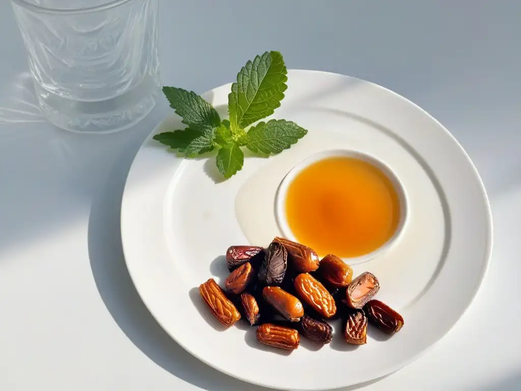 Una composición elegante de edulcorantes naturales postres diferencias: miel, hojas de estevia, jarabe de arce y dátiles en un plato blanco