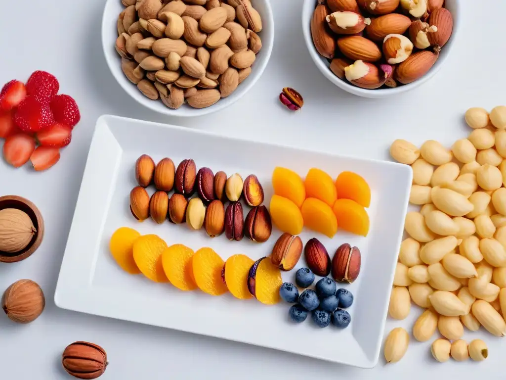 Una composición elegante de frutos secos y frutas secas en repostería, dispuestos con precisión en un plato blanco moderno