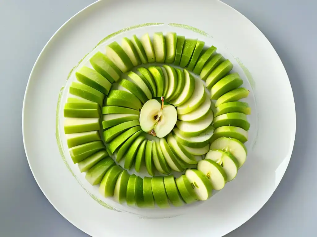 Una composición elegante de manzanas verdes recién cortadas en círculo sobre un plato blanco