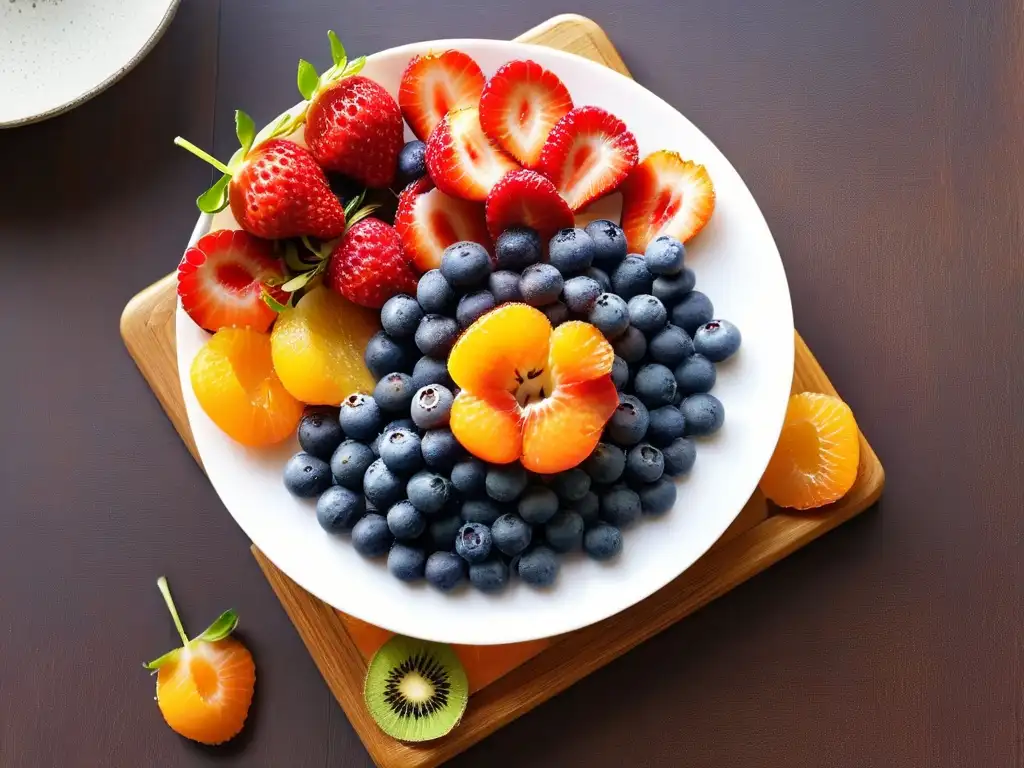 Una composición de frutas frescas y coloridas en un plato blanco, con semillas de chía, transmitiendo frescura y salud