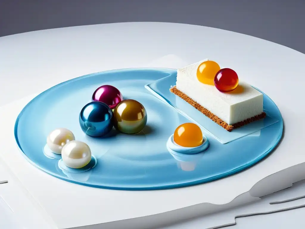 Una composición futurista de postres de repostería molecular innovadores en un patrón geométrico vibrante y colorido