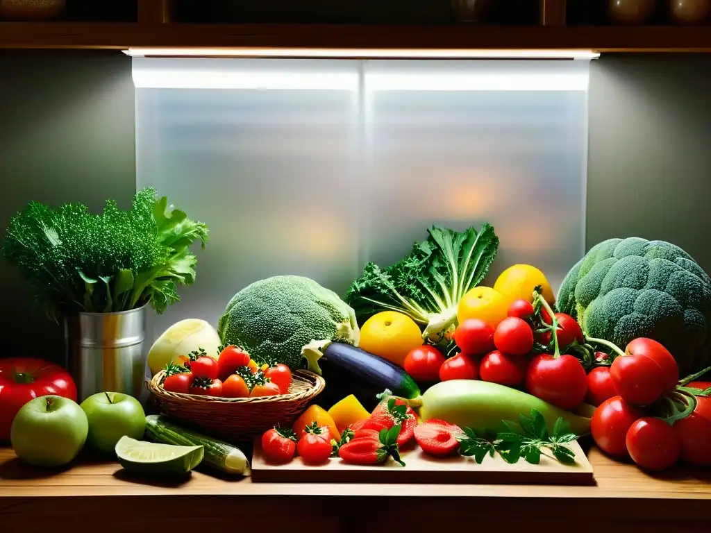 Una composición visualmente impresionante con iluminación LED para fotografía de alimentos, resaltando colores y texturas de ingredientes frescos en una mesa de madera rústica