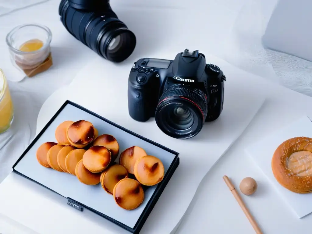 Una composición minimalista con equipo fotográfico de alta gama y bocetos de postres en un elegante fondo de mármol blanco