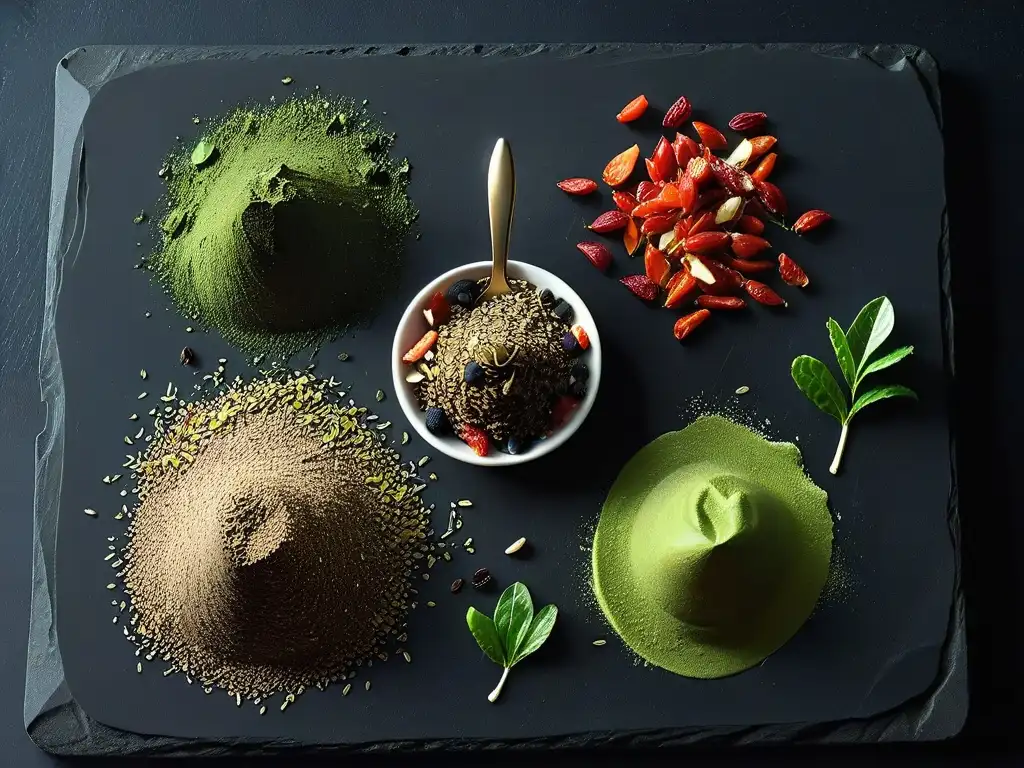 Una composición moderna de superalimentos en repostería sostenible, con chía, bayas de goji, cacao y matcha en contraste sobre negro mate