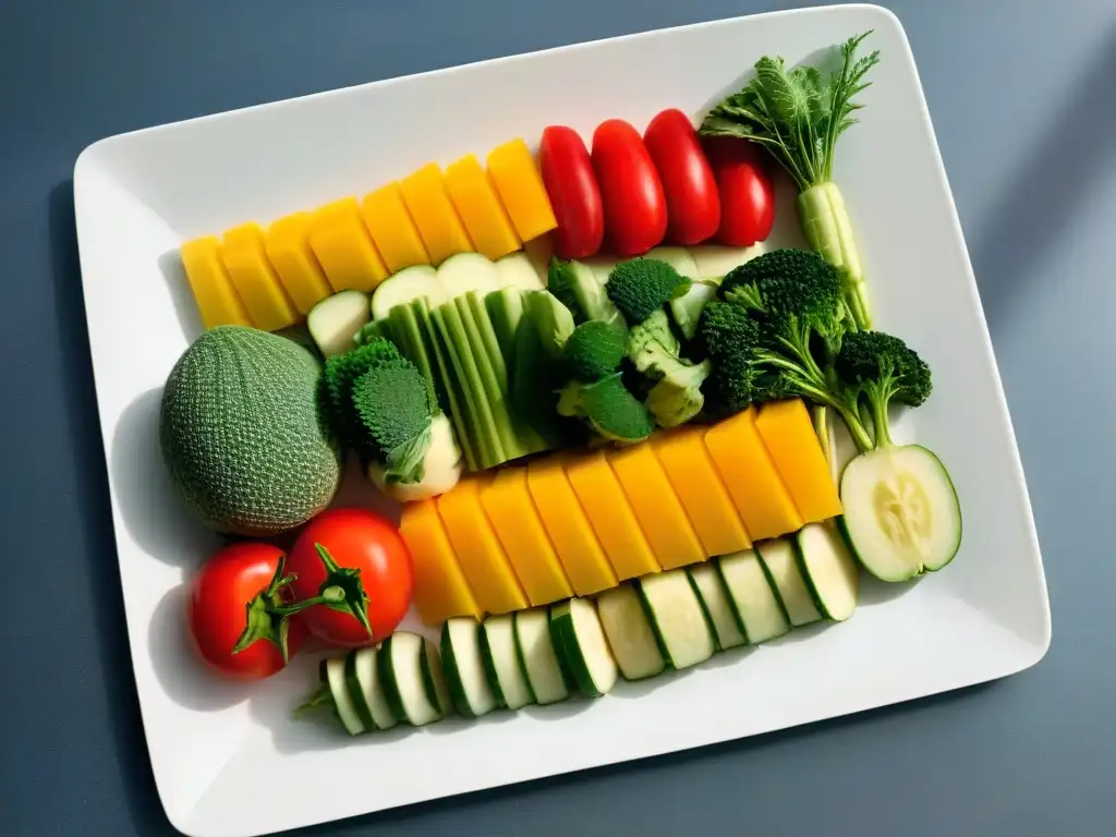 Una composición vibrante de frutas y verduras frescas en un plato blanco