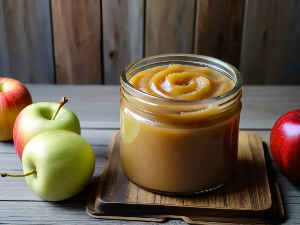 Compota de manzana sin azúcar en frasco de vidrio sobre mesa rústica, con manzanas frescas alrededor, luz suave realza frescura y simplicidad