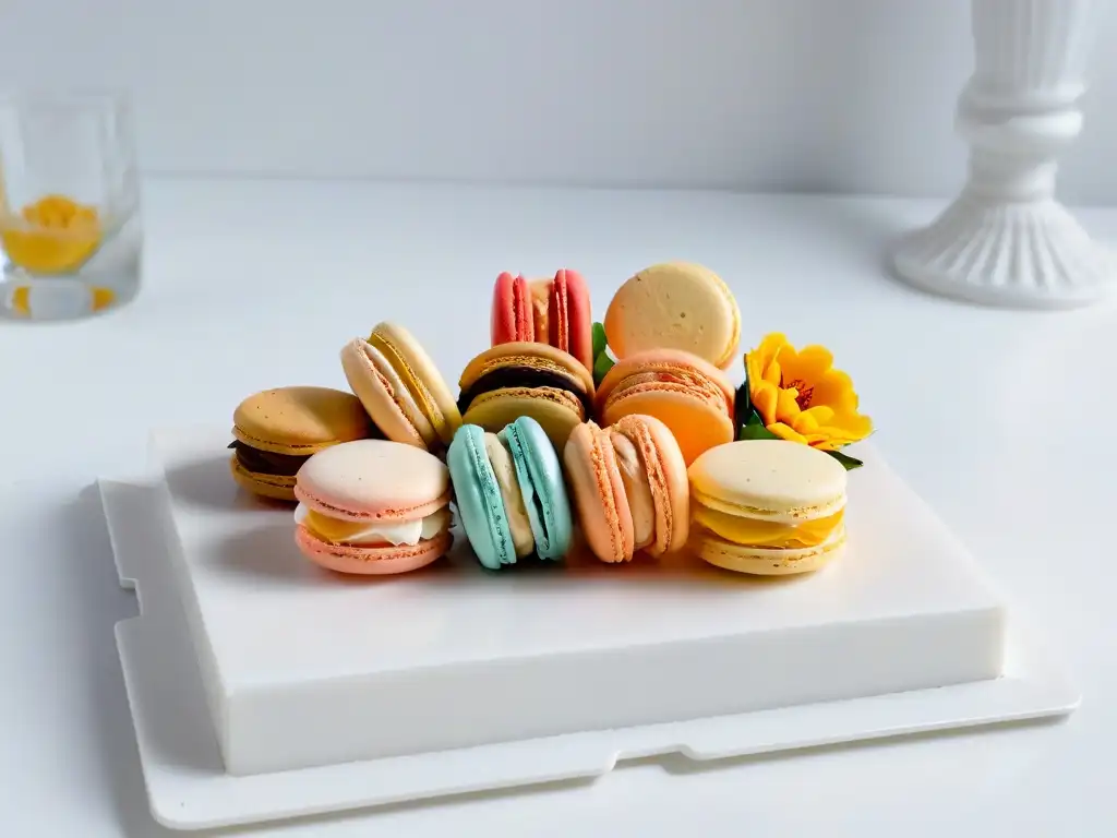 Consejos para dominar macarons franceses: una exquisita exhibición de macarons coloridos en un elegante plato de mármol blanco