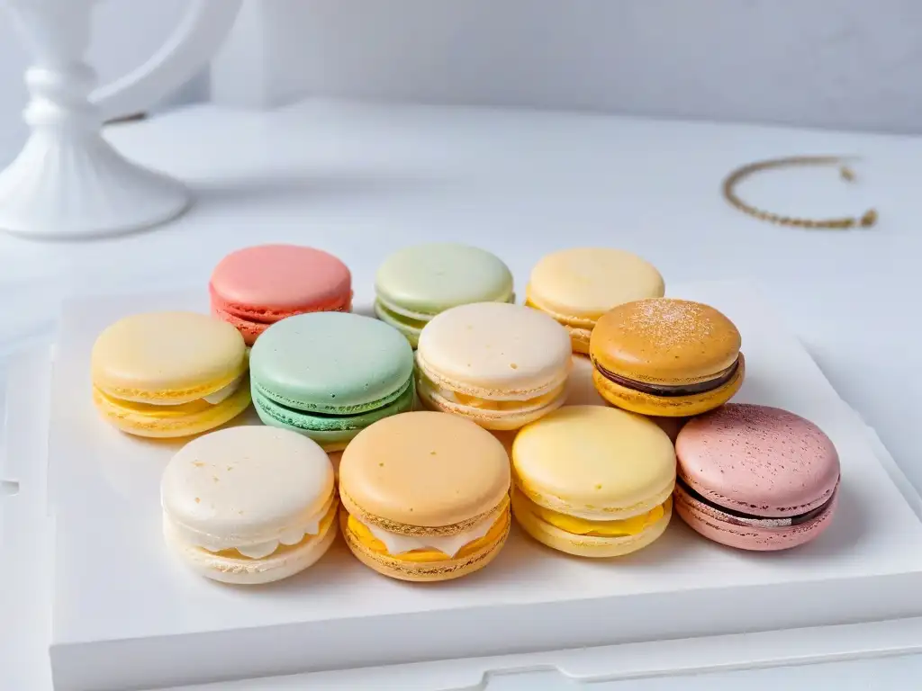 Consejos para dominar macarons franceses: Hermosos macarons pastel perfectamente horneados sobre mármol blanco