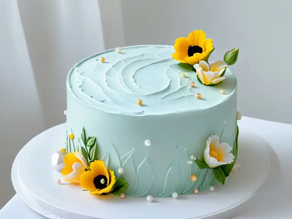 Consejos para destacar en repostería: Detalle exquisito de una tarta nupcial con decoración floral en tonos pastel y delicadas perlas de azúcar