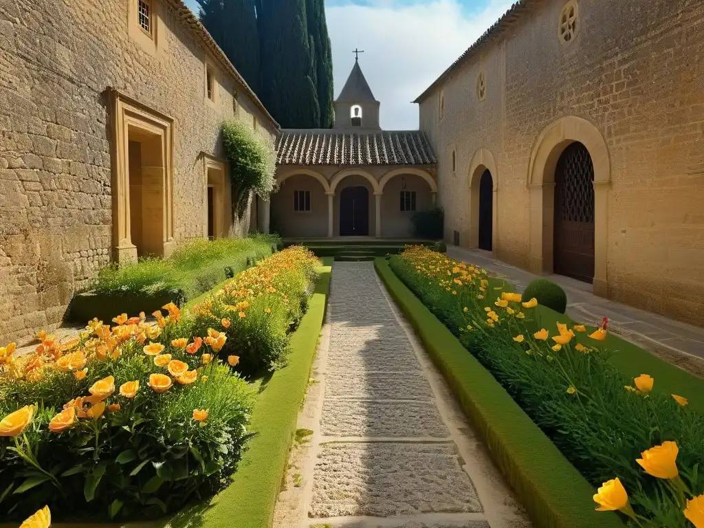 Un jardín conventual sereno en España o Portugal, con caminos de piedra y flores vibrantes