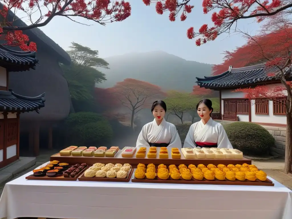 Un rincón coreano tradicional con postres y hanbok en pastel, influencia repostería coreana postre moderno