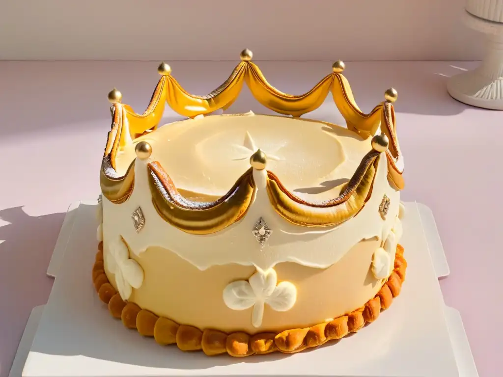 Una corona dorada sobre una Galette des Rois francesa tradicional, evocando elegancia y tradición