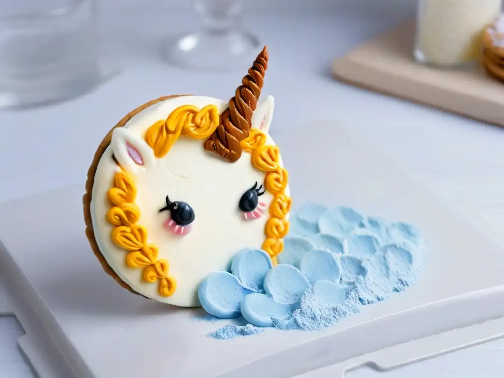 Cortador de galletas personalizado innovador en forma de unicornio sobre encimera de mármol blanco con harina esparcida y masa de galleta al fondo