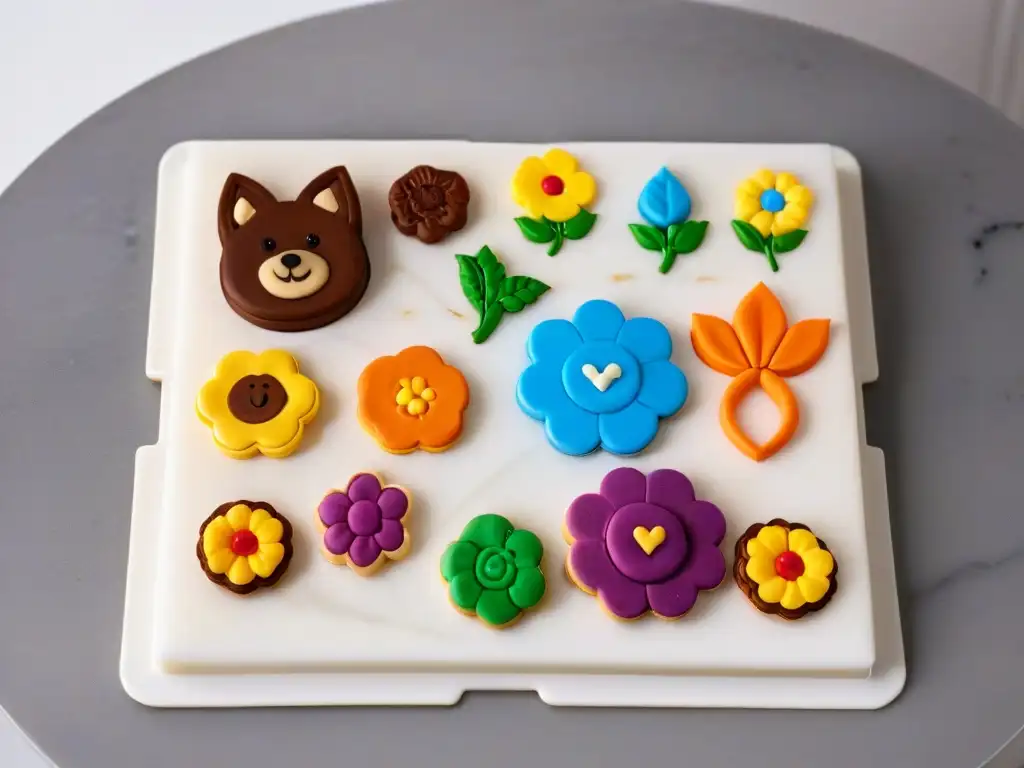 Cortadores de galletas creativos: detallados y coloridos, exhiben precisión y creatividad en un elegante mostrador de mármol blanco