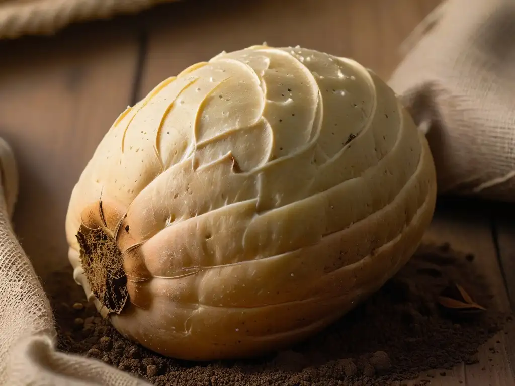 Un yacón recién cosechado con textura terrosa y patrones intrincados, bañado en luz natural