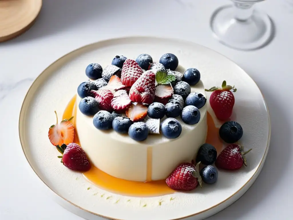 Panna Cotta Fit receta saludable: Deliciosa panna cotta con frutas frescas y miel, en un elegante plato moderno blanco