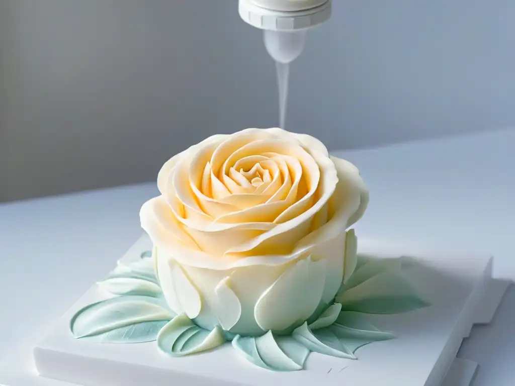 Creación meticulosa de una rosa de azúcar con impresión 3D en postres, fusionando tecnología y arte culinario