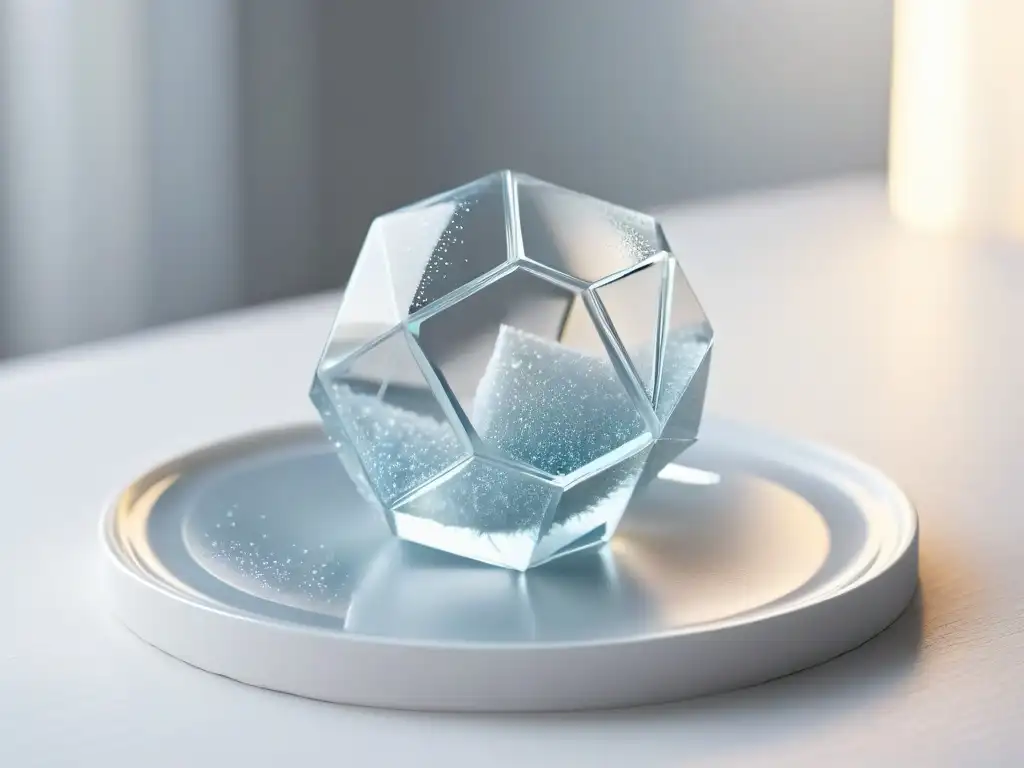 Un cristal de azúcar comestible reposa en un elegante plato blanco, mostrando su estructura geométrica y brillo natural