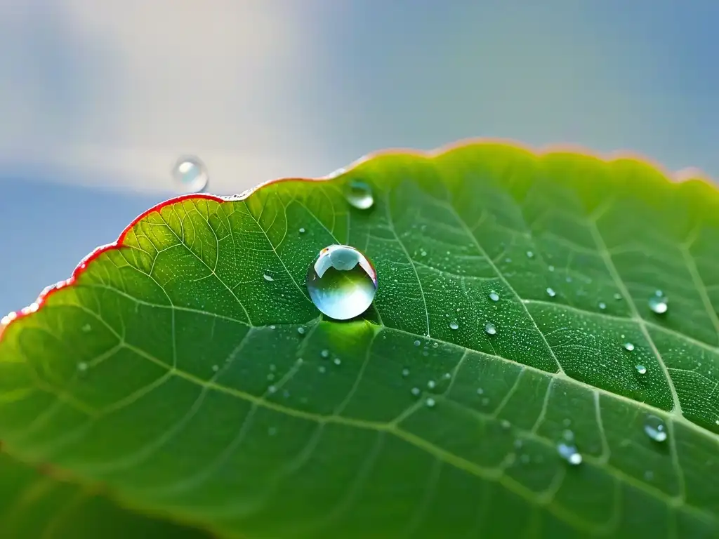 Un cristalino gota de agua en una hoja verde vibrante, resaltando la Importancia del agua en repostería