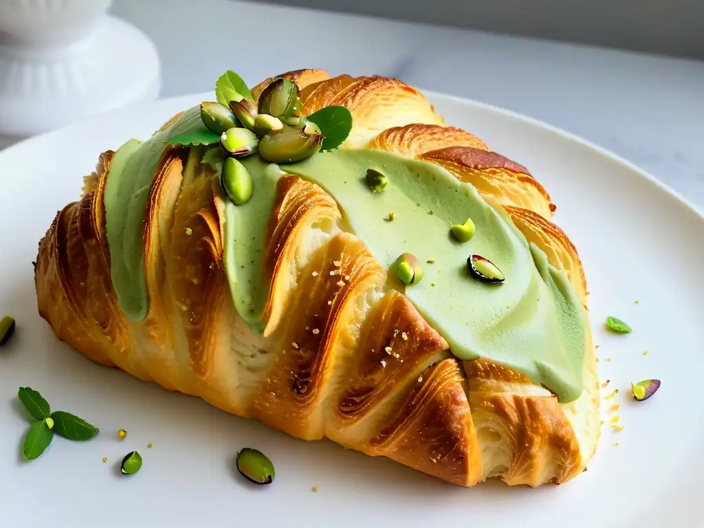 Un croissant de almendra dorado perfectamente detallado con pistachos, en un plato blanco moderno