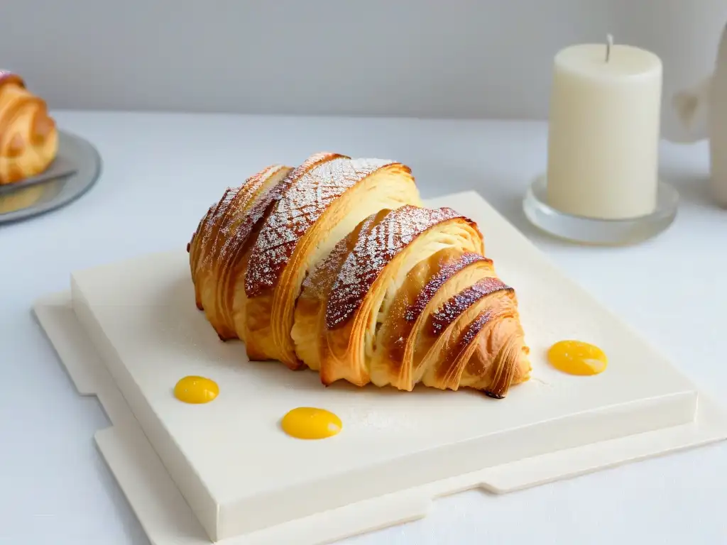 Un croissant de almendra dorado y escamoso en un plato moderno, destacando la elegancia de los frutos secos en repostería