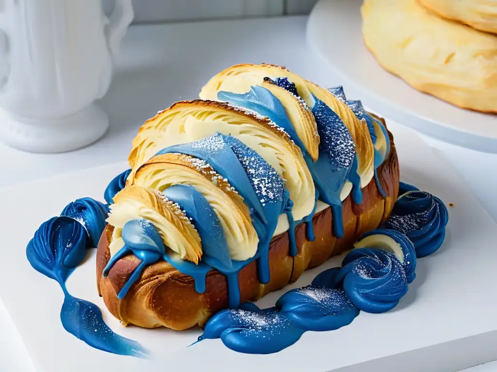 Almendra croissant inspirado en Starry Night de Van Gogh Un croissant de almendra inspirado en Van Gogh, con decoración de Starry Night en tonos azules y amarillos