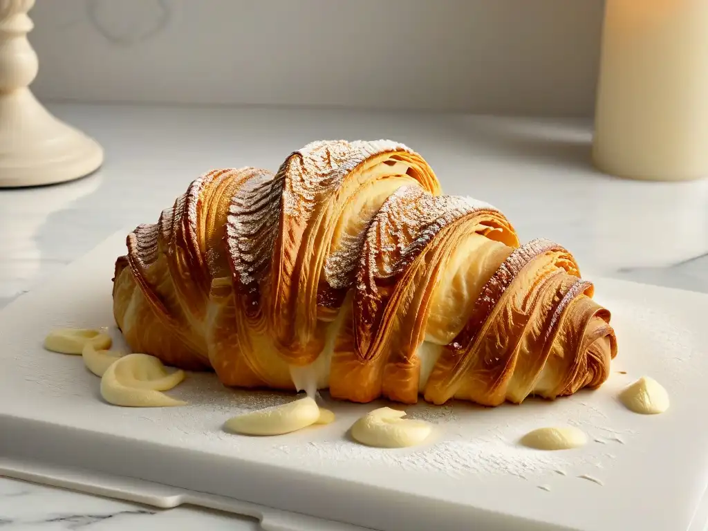 Un croissant dorado sobre mármol blanco, con vapor delicado