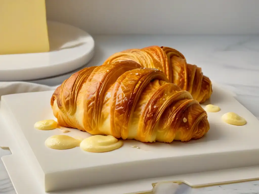 Delicioso croissant dorado con mantequilla en encimera de mármol Un croissant perfectamente dorado y brillante de mantequilla, horneado con los mejores ingredientes, descansando en una encimera de mármol moderna