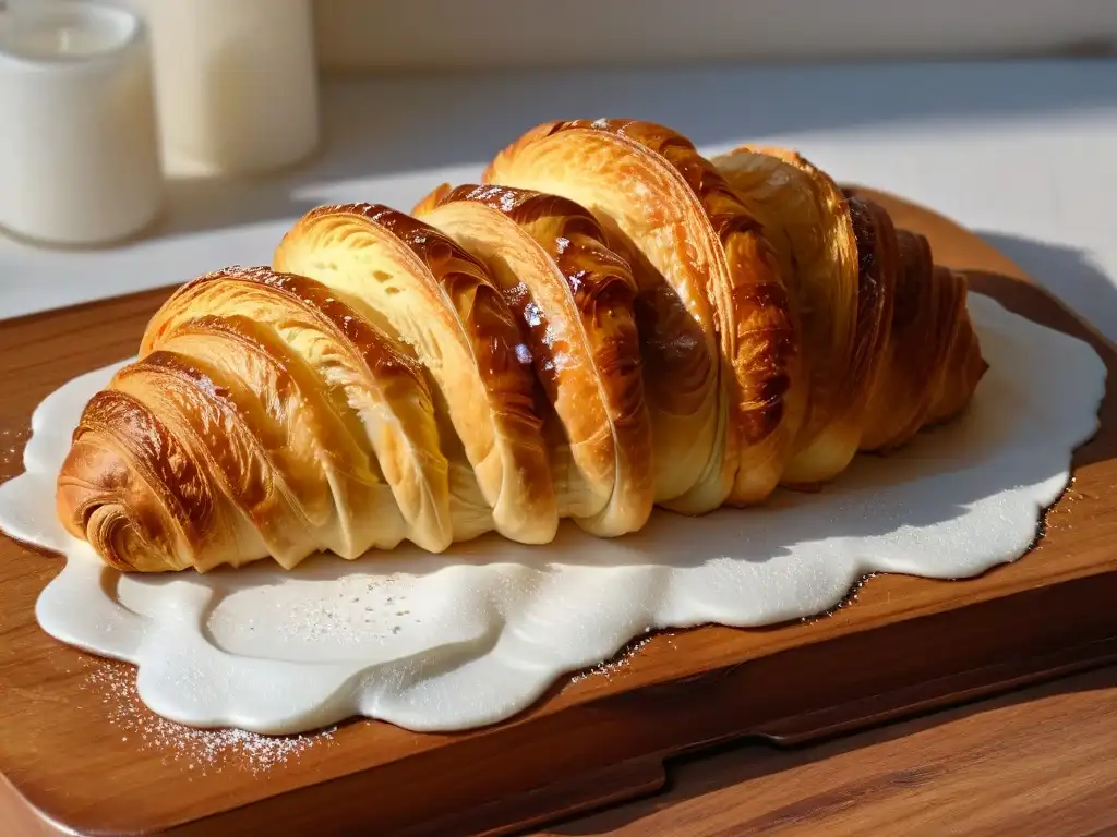 Un croissant dorado y brillante con miel, sobre mesa rústica