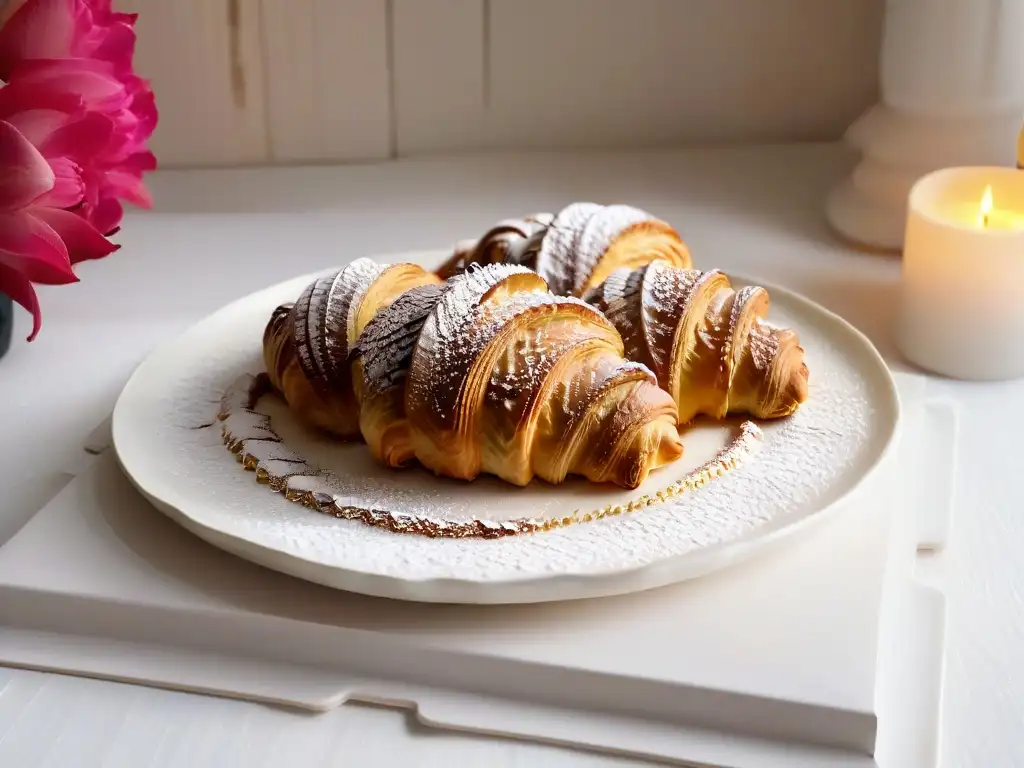 Un croissant dorado con chocolate en un plato blanco, sobre mesa de madera, iluminado por luz matutina