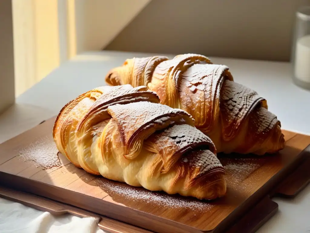 Un croissant dorado y escamoso, con azúcar glass brillante, reposa en una mesa de madera rústica, iluminado por la suave luz natural