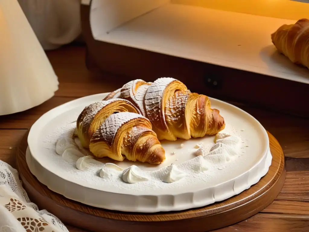 Delicioso croissant dorado en panadería francesa vintage Un croissant dorado y escamoso, espolvoreado con azúcar glas, en una vajilla blanca con motivos florales en una panadería francesa vintage