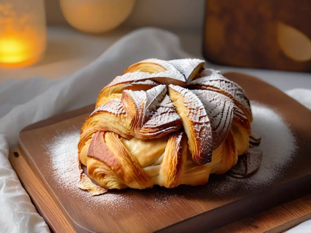 Un croissant perfectamente dorado y escamoso, espolvoreado con azúcar glas, sobre mesa rústica de madera