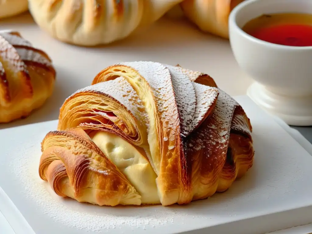 Un croissant dorado y escamoso, recién horneado, con azúcar glas y vapor