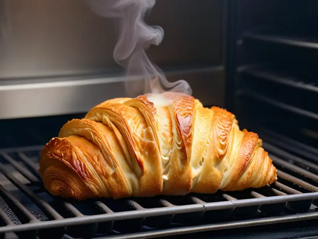 Un croissant dorado y escamoso saliendo del horno, con vapor y aroma a mantequilla, evocando técnicas ancestrales de fermentación en repostería