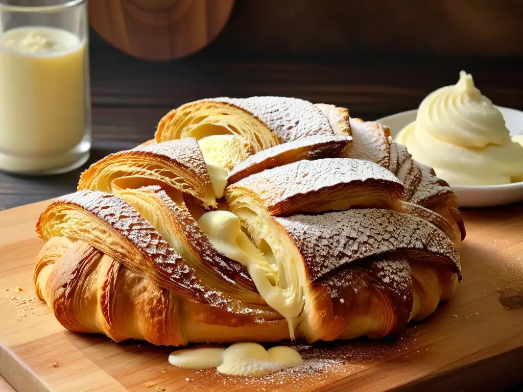 Delicioso croissant recién horneado con mantequilla derretida Un croissant dorado y escamoso con mantequilla derretida, espolvoreado con azúcar glass