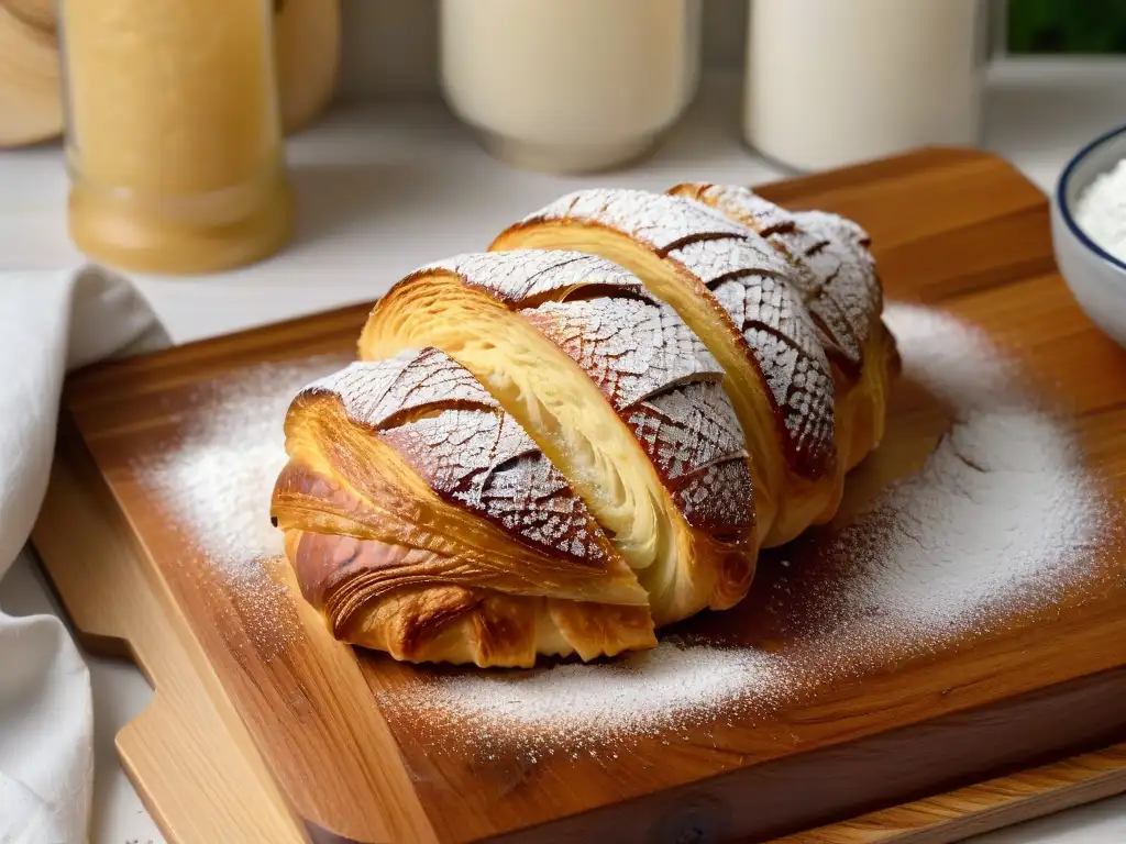 Un croissant dorado y escamoso sobre tabla de madera rústica, con azúcar en polvo