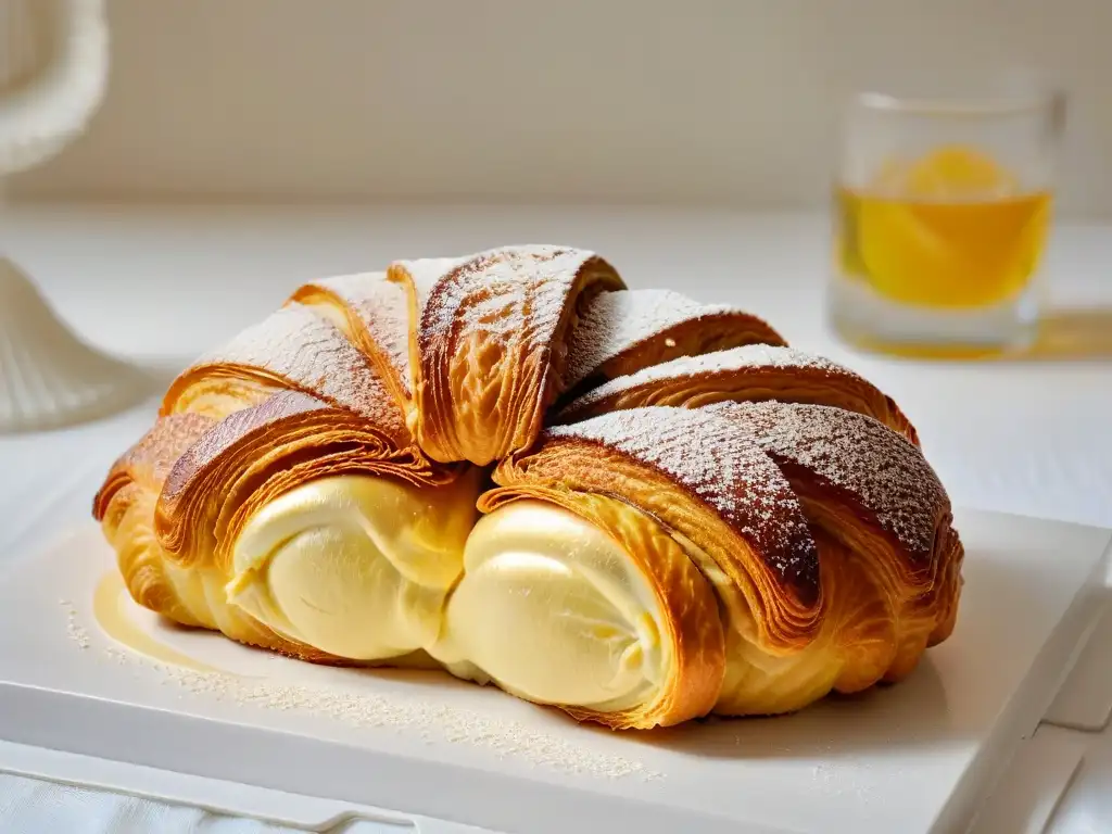 Delicioso croissant dorado: capas de mantequilla en detalle Un croissant dorado perfectamente horneado, con capas de mantequilla, destacando su textura y color